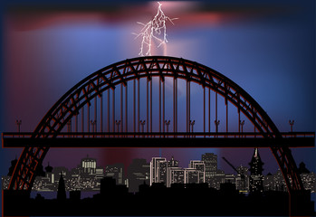 night city bridge and lightning illustration