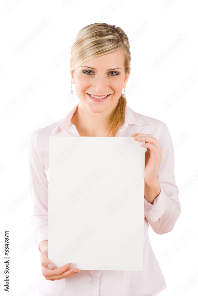 Wall mural businesswoman hold empty banner in front