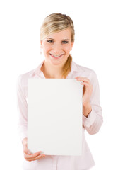 Fototapeta premium Businesswoman hold empty banner in front