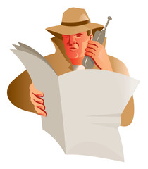 male detective calling cellphone newspaper