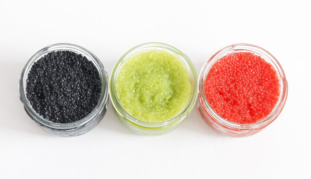 FISH CAVIAR IN THE OPEN GLASS CONTAINERS