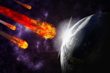 Asteroid and earth planet on starfield abstract background. Illu
