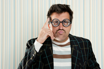 crazy nerd man myopic thinking funny gesture
