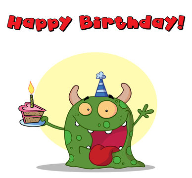 Happy green monster celebrates birthday with cake