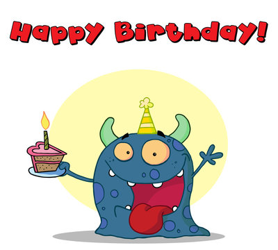 Happy blue monster celebrates birthday with cake