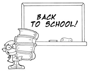 Outlined School Boy Carrying Books By A Back To School