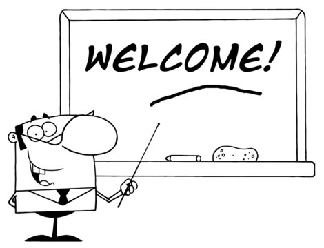 Outlined Male School Teacher Pointing To A Welcome Chalkboard