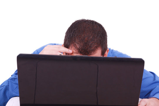 A Bald Man Hiding Behind His Laptop Computer Screen.