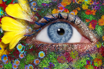 Naklejka premium blue woman eye makeup spring flowers metaphor
