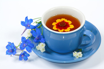 The blue cup of tea with nice flowers