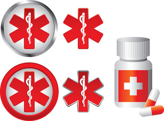 Caduceus symbols and medicine bottle on white background