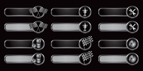 Racing flags, tires, trophies, and tools on black banners