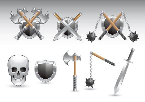 Swords, shields, axes, mace, and skull on white background