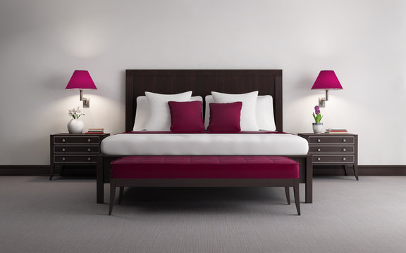 Red chic luxury wooden bedroom 3d rendering, front view