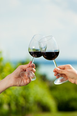Paar trinkt Wein am See im Sommer