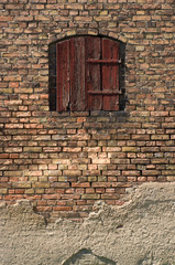 Old wooden door and a brick wall.