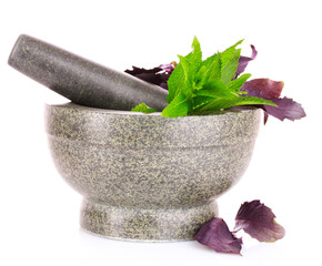 basil, mint and mortar isolated on white