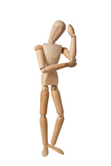 Wooden mannequin arms folded deep in thought isolated on white