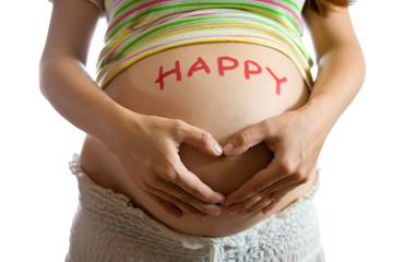 pregnant woman with HAPPY on belly
