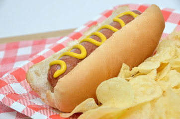 Hot dog with mustard and potato chips