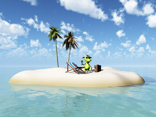 Cute cartoon monster taking vacation on island.