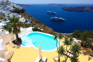 pool overlooking the caldera of santorini island in  greece