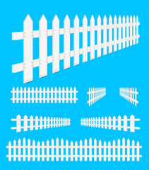 set of perspective white fence isolated on blue