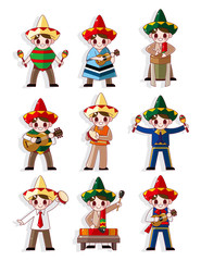 cartoon Mexican music band icon set.