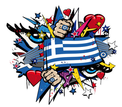 Greece Flag Pop Art Grafiti Greek Revolt Crisis Illustration