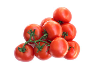 Many Fresh Red tomatoes on green branch isolated on white