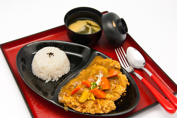 Bento, Japanese food style , fried chicken and  rice and soup