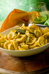 Tortellini Butter and Sage on Wooden Chopping Board