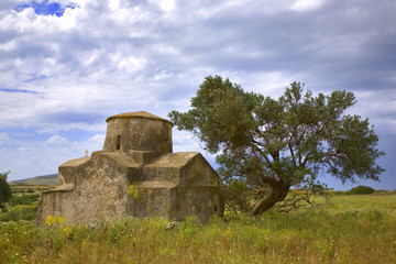 grèce; cyclades; naxos : église byzantile et olivier