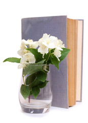 Book and a bouquet of jasmine