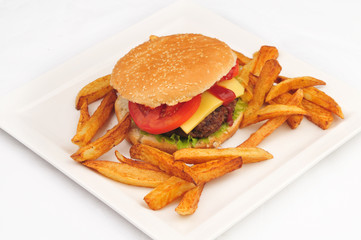 Hamburger with the fried potato
