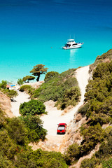 Ship anchored in the bay. Crete. Greece.