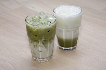 ice green tea and milk on yellow backgrounds