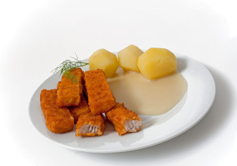 Fischstäbchen mit Kartoffeln & Senfsoße