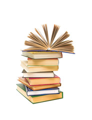 open book on a pile of books isolated on a white background