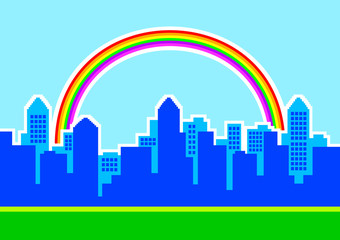 Blue silhouette of city with rainbow
