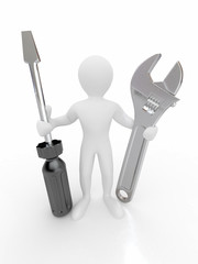 Men with wrench and screwdriver. 3d
