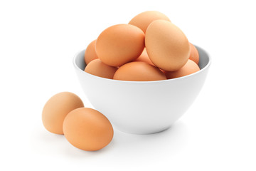 Many eggs in a porcelain bowl