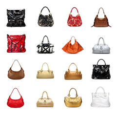 A woman's handbag on a white variety.