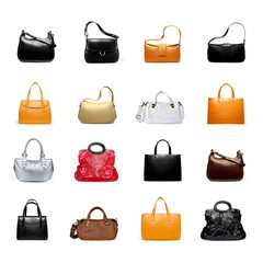 A woman's handbag on a white variety.