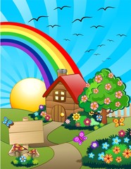 Casa su Colline Verdi Cartoon-Little Home on Green Hills-Vector