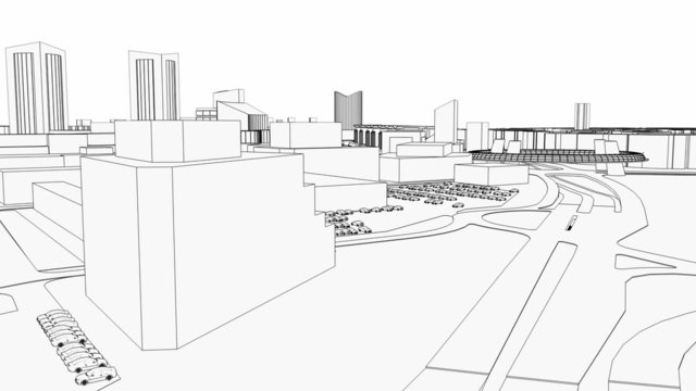 Aerial view of sea city wire model