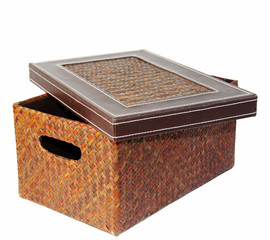 Leather Shoe box with handles and lid slightly askew