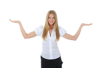 Fototapeta premium woman looks at her open palm.