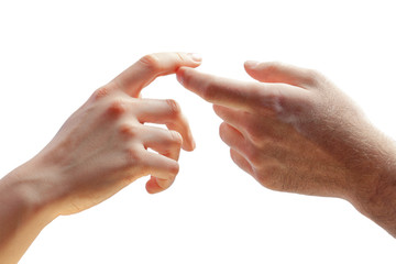 Hands of woman and man touching fingers; white background