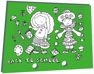 Kids elements school girls and icons - 33561355